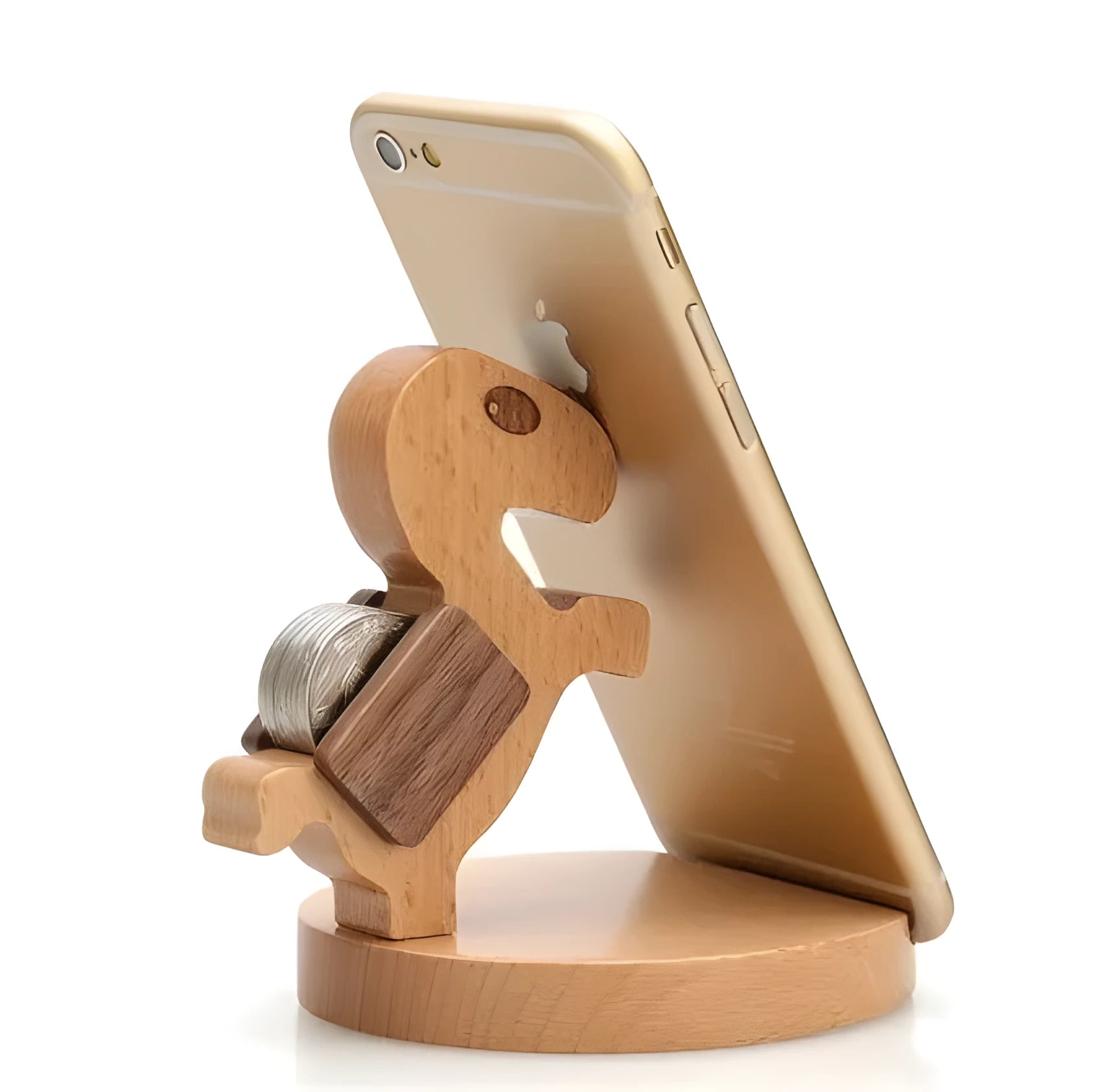 Handcrafted beech wood and resin lazy bracket mobile phone holder on a wooden desk