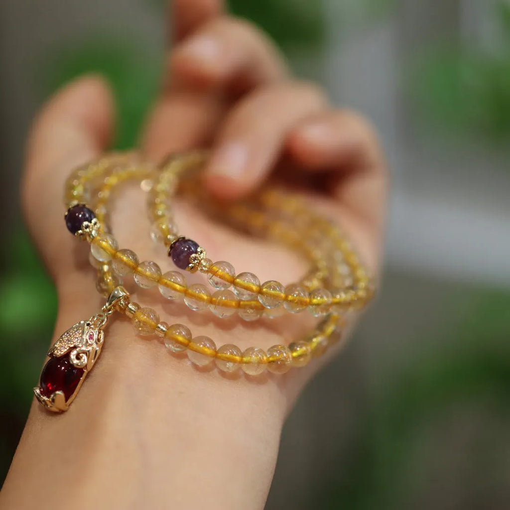 Natural Brazil gold rutilated quartz bracelet with three-circle pendant and Chinese style design