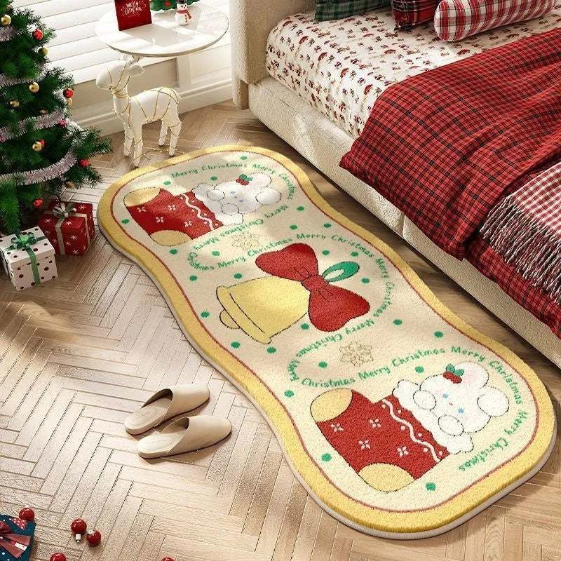 Christmas Series imitation cashmere carpet decoration in Alien shape on a floor, showing festive pattern options.