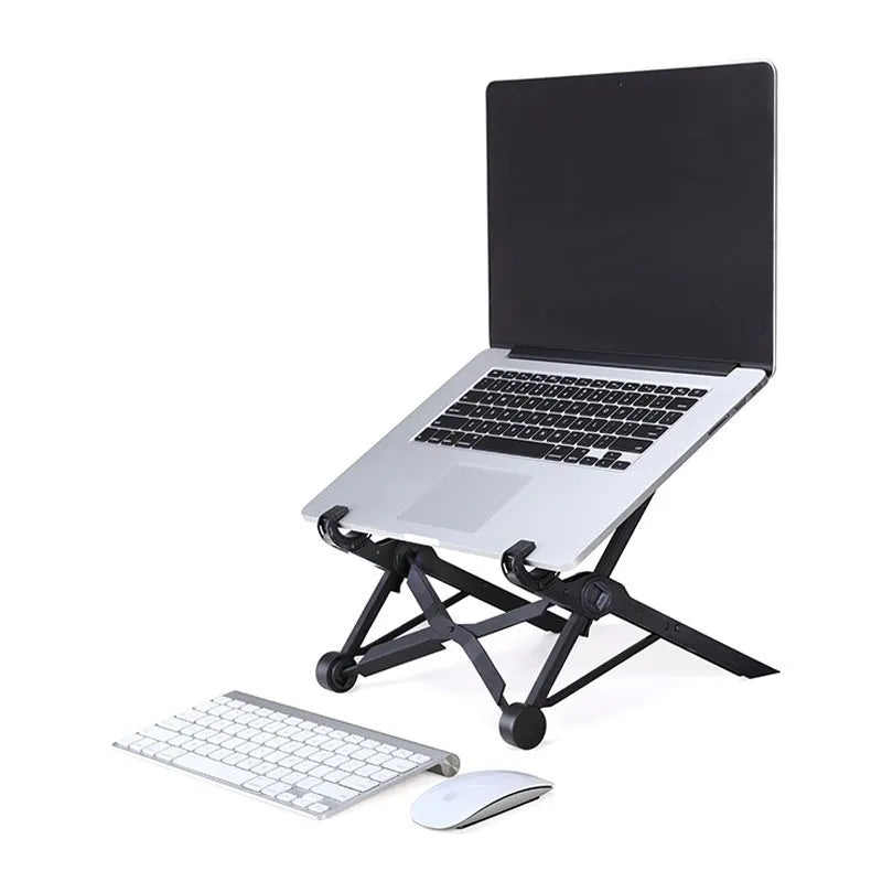 Sagacious black portable folding laptop bracket on a table with carrying case