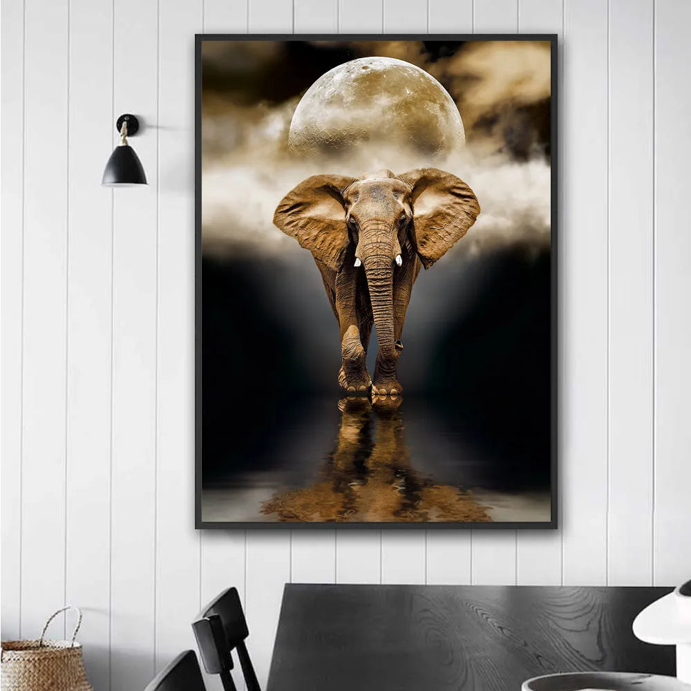 Frameless oil-on-canvas elephant painting in black, rectangle shape, multiple sizes for living room wall decor