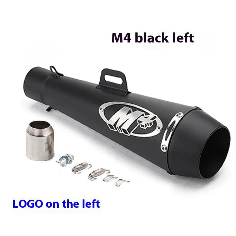 M4 universal motorcycle exhaust pipe in black finish, showing mounting hardware for large displacement bikes.
