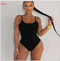 Women's backless string swimsuit set showing triangle bikini and matching solid colour one-piece