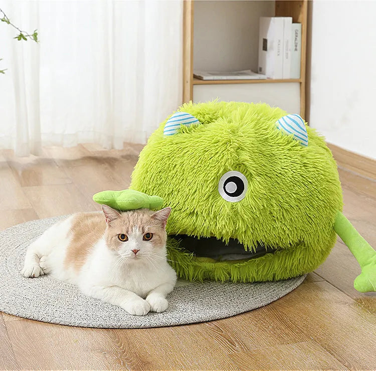Round fluffy plush cat bed with non-slip base shown in three sizes: small, medium, and large.