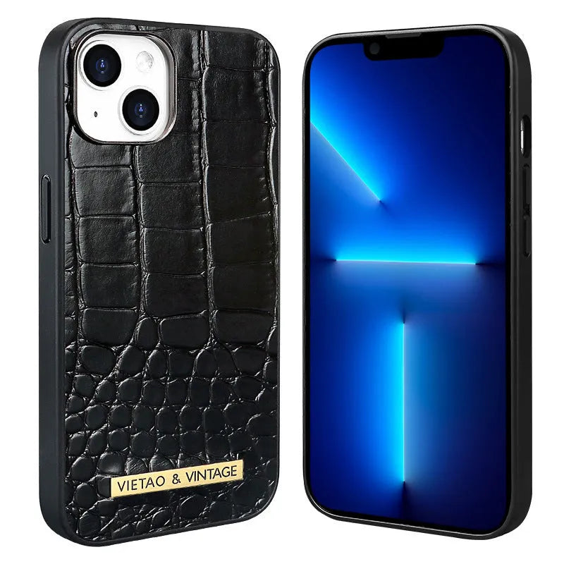 Pattern Patch all-inclusive drop-resistant phone case for Apple iPhone in black with crocodile texture finish