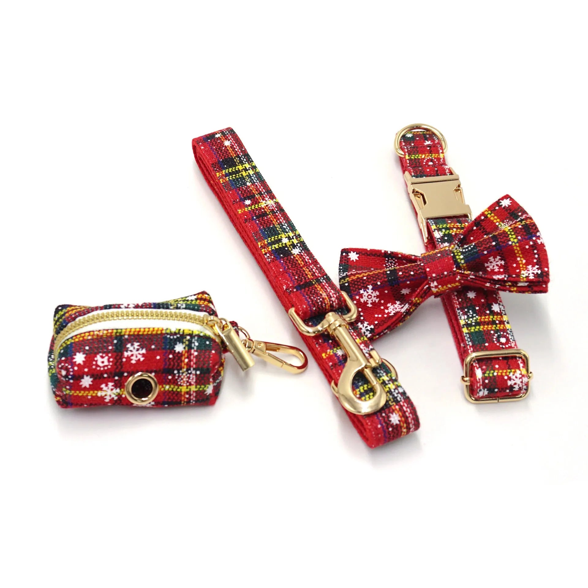 Red Christmas dog suit set with collar, leash, bow, and chest-back harness on a festive background.