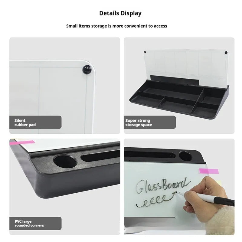 Table top glass whiteboard 18x40cm in black finish on a desk with markers