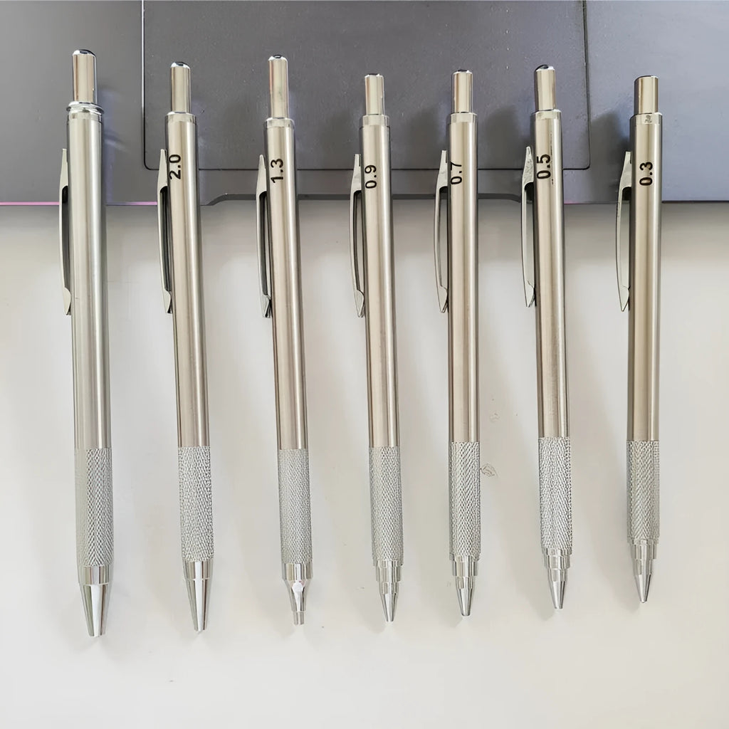 Metal automatic mechanical pencil showing lead size options from 0.3mm to 3.0mm for writing and drafting