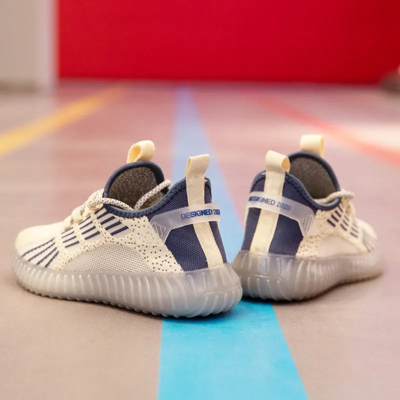 Men's breathable flying fabric sports shoes in white colour showing mesh lining and platform heel design