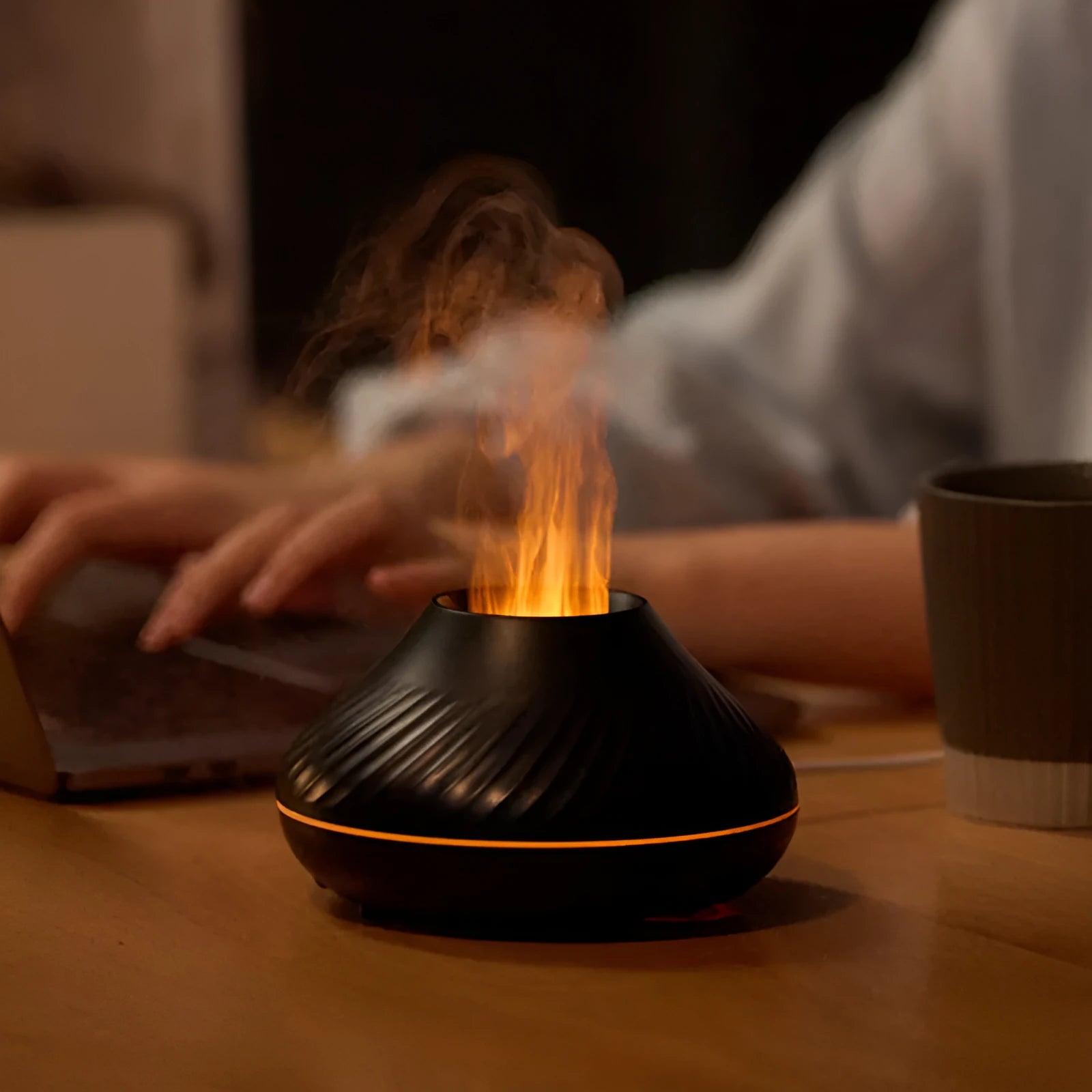 RGB flame aroma diffuser 130ml 3D colourful fire volcano effect night light black white, with Type-C cable