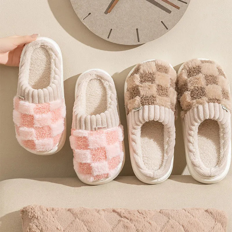 Women's plush house slippers in multiple colours with non-slip soles for indoor autumn and winter wear