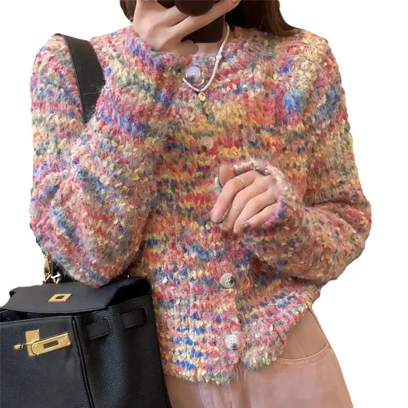 Retro rainbow knitted cardigan in pink and green, slim fit, with a textured toothbrush hair acrylic fabric.