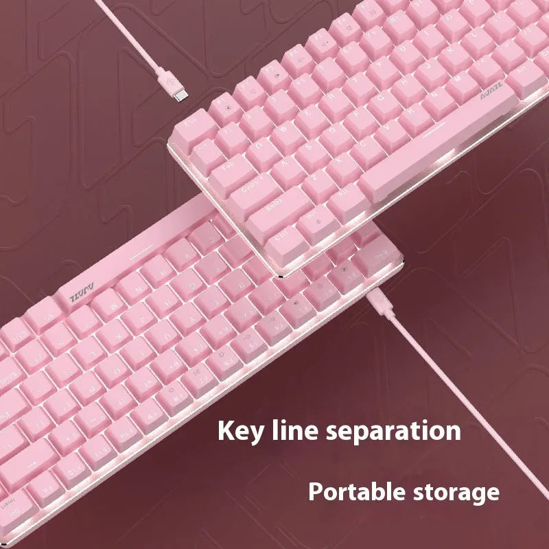 82-key mechanical keyboard with white backlight and metal construction showing red or green switch options
