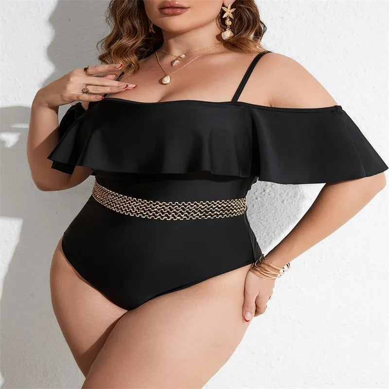 Black polyester one-piece swimsuit for women on a mannequin, showing full-coverage plus-size design.