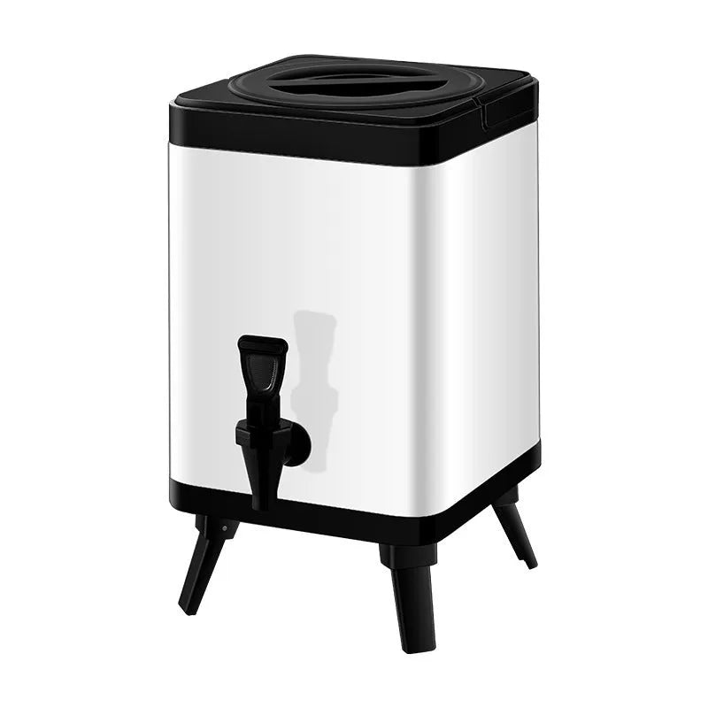 Silver stainless steel milk tea bucket with square-lock lid, 8-litre capacity.