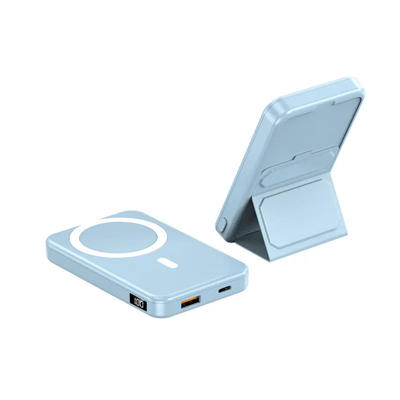 Magnetic wireless charging power bank with folding bracket showing capacity options and colour variations