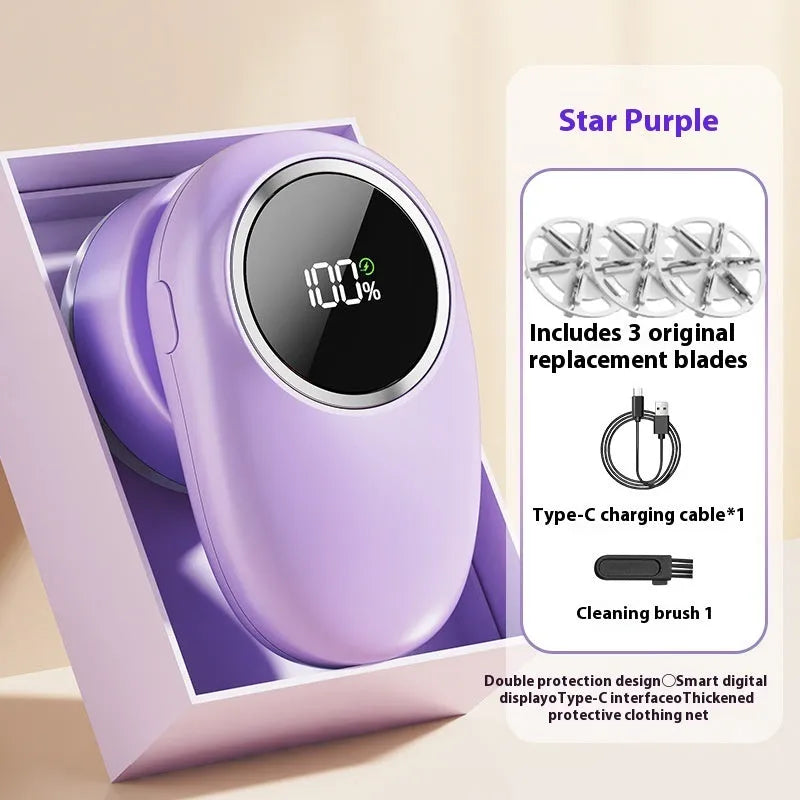 Beige and purple digital fur ball trimmer lint remover with selectable cutter heads on a table