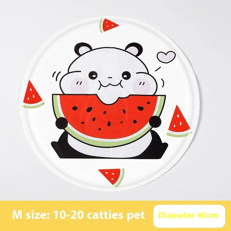 Round pet cooling mat with cartoon animal design showing gel technology for dogs