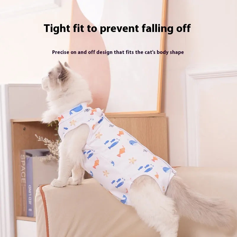 Cat wearing a soft polyester sterilisation recovery suit with Velcro fastening on its side.