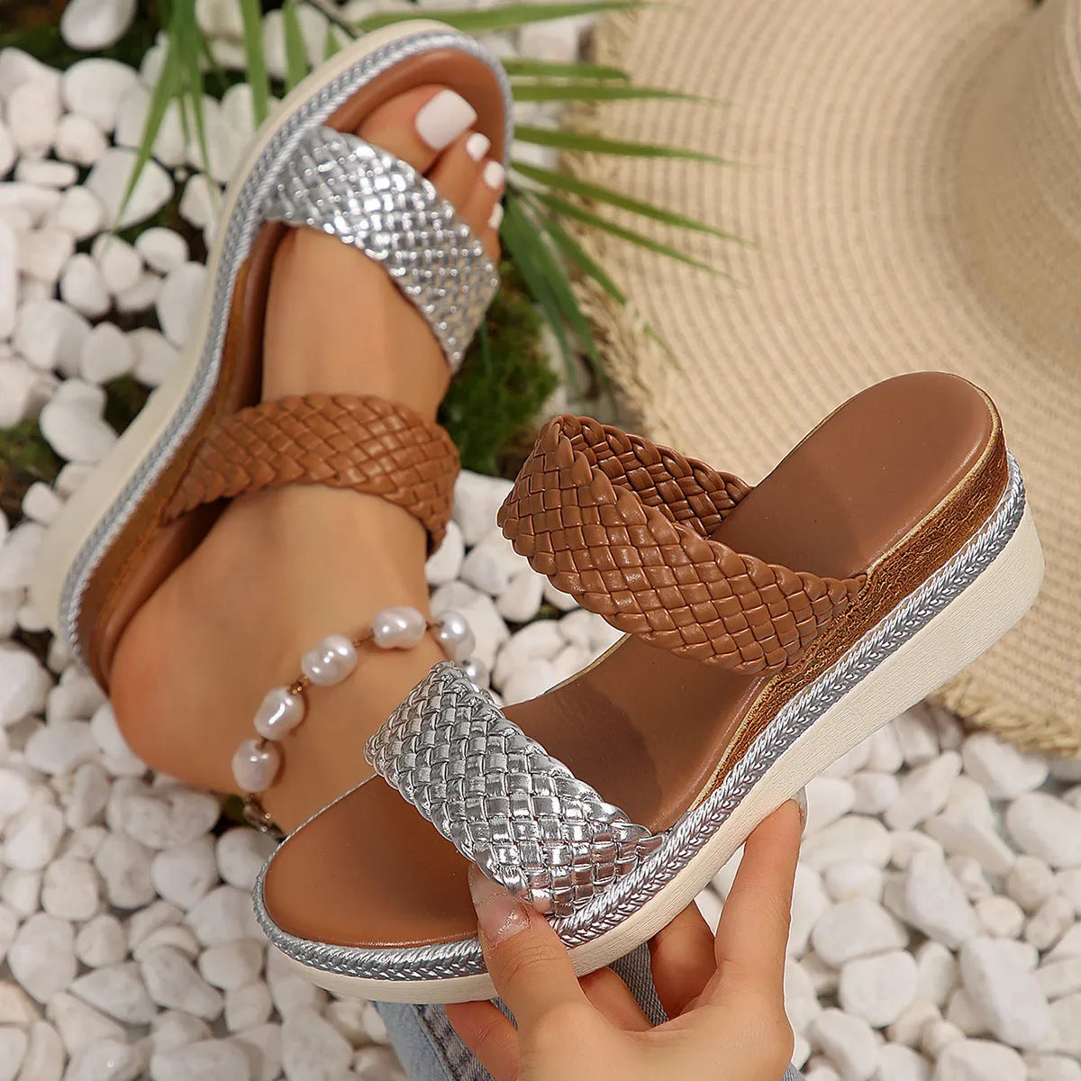 Gold or silver plus size wedge sandals for women in sizes 36 to 43