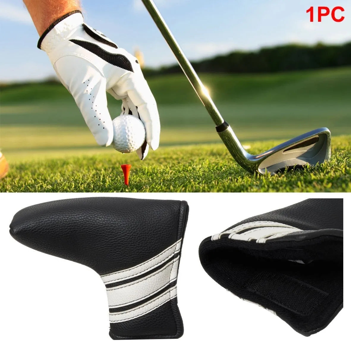 Black PU leather golf putter cover sleeve for protecting club head and shaft.