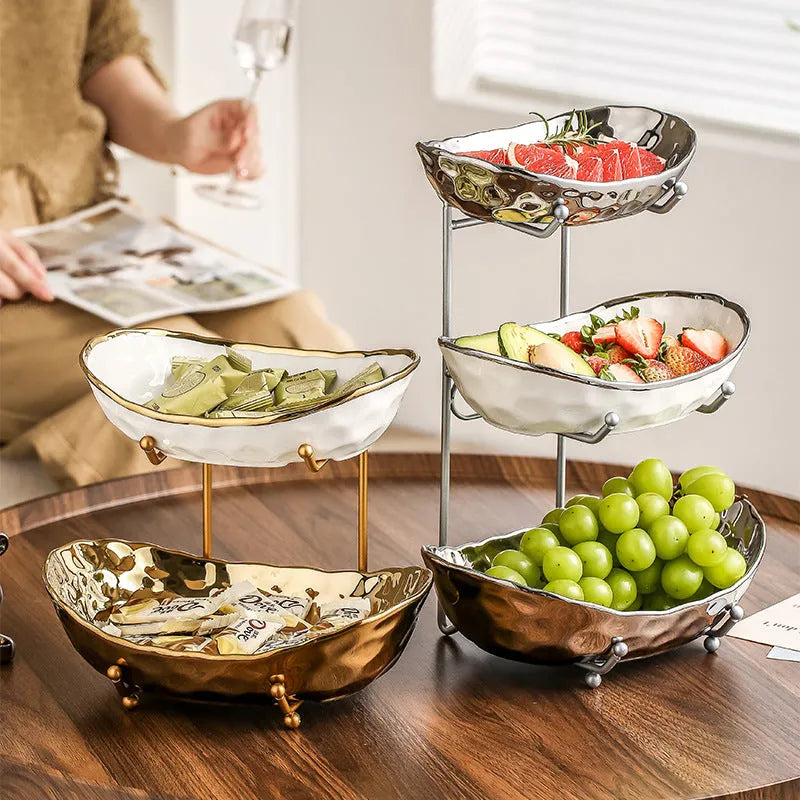 Multi-layer porcelain fruit tray with gold or silver electroplated stone texture frame