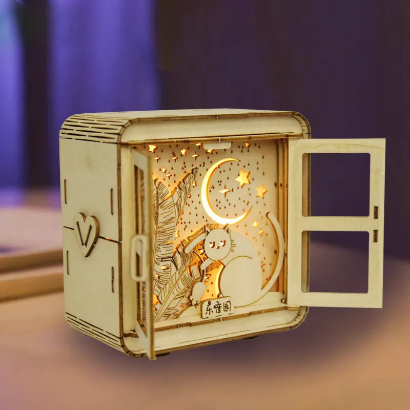 3D wooden puzzle night lamp assembled as a small ornament with train station design on a desk