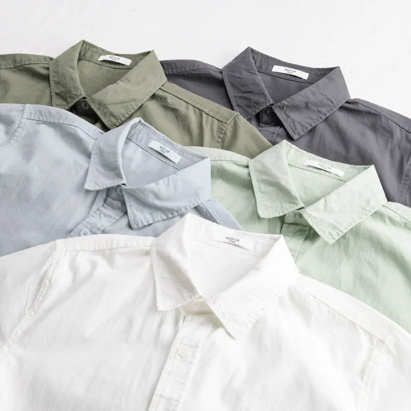 Men's short sleeve cotton shirt in loose cardigan style available in five colours with Asian sizing