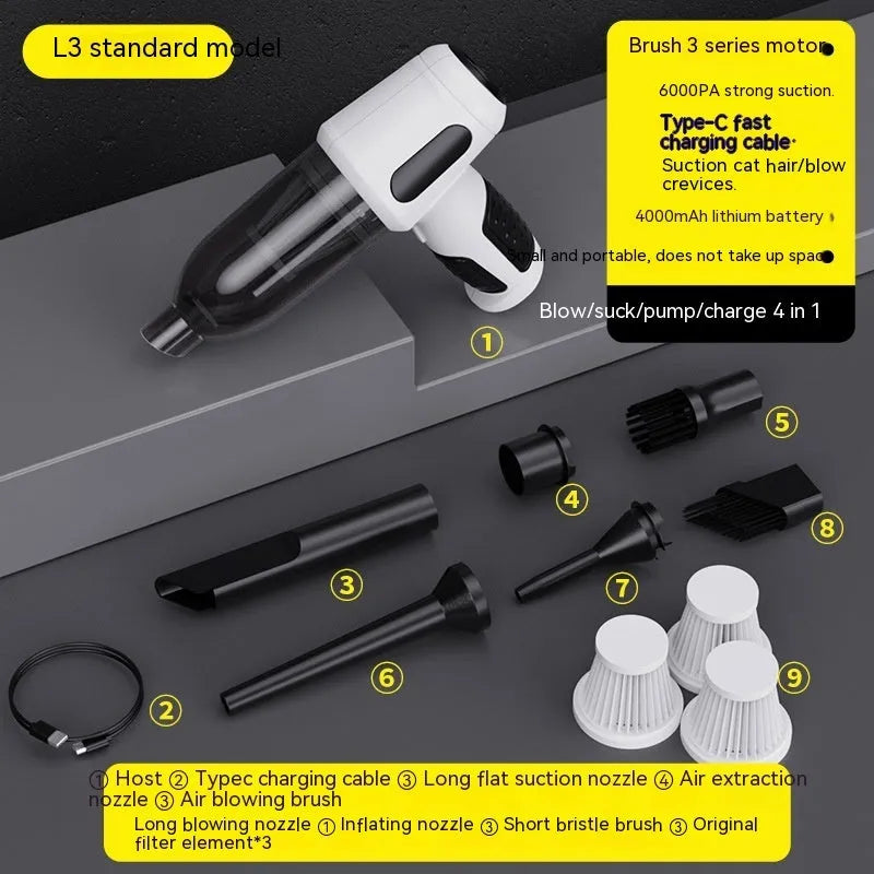 Handheld car vacuum cleaner with nozzle attachments in black, white, or grey colours