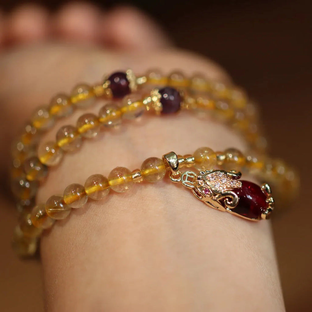 Natural Brazil gold rutilated quartz bracelet with three-circle pendant and Chinese style design