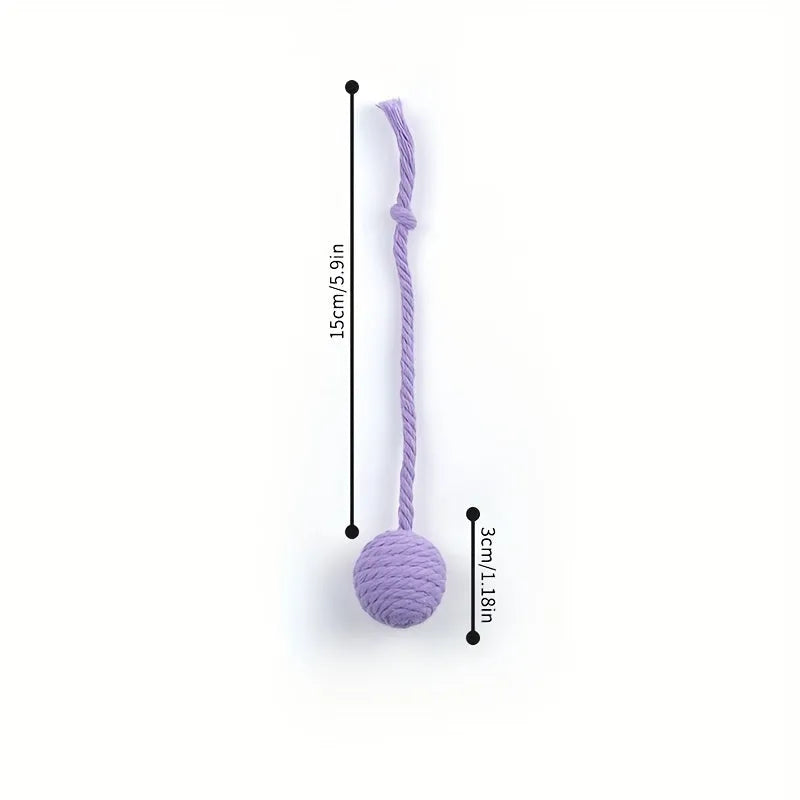 Colourful cat toy ball with an attached rope, shown in green, pink, purple, and yellow.