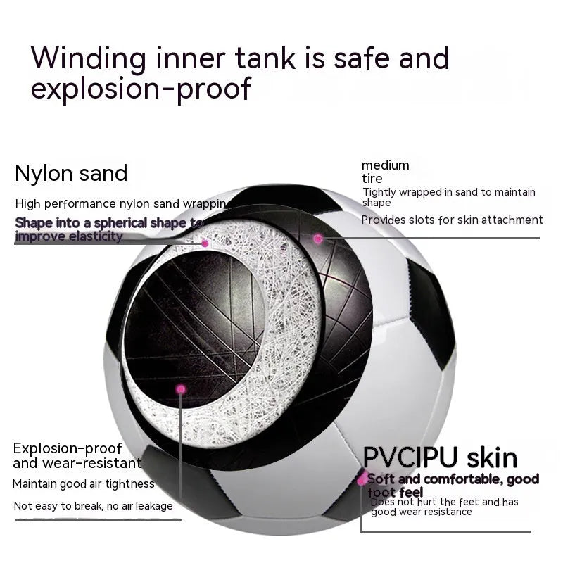 PVC machine-seam football in multiple sizes and colours including Tornado Blue, Black And White, and Red Dragon Roll designs.