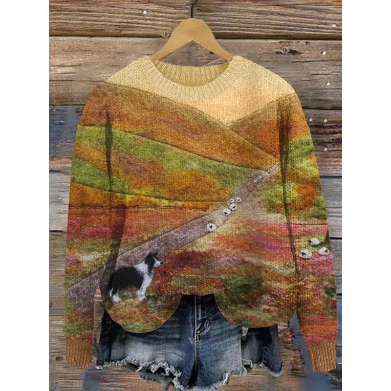 Women's little flower digital printed round neck long sleeve knitted sweater on a hanger.
