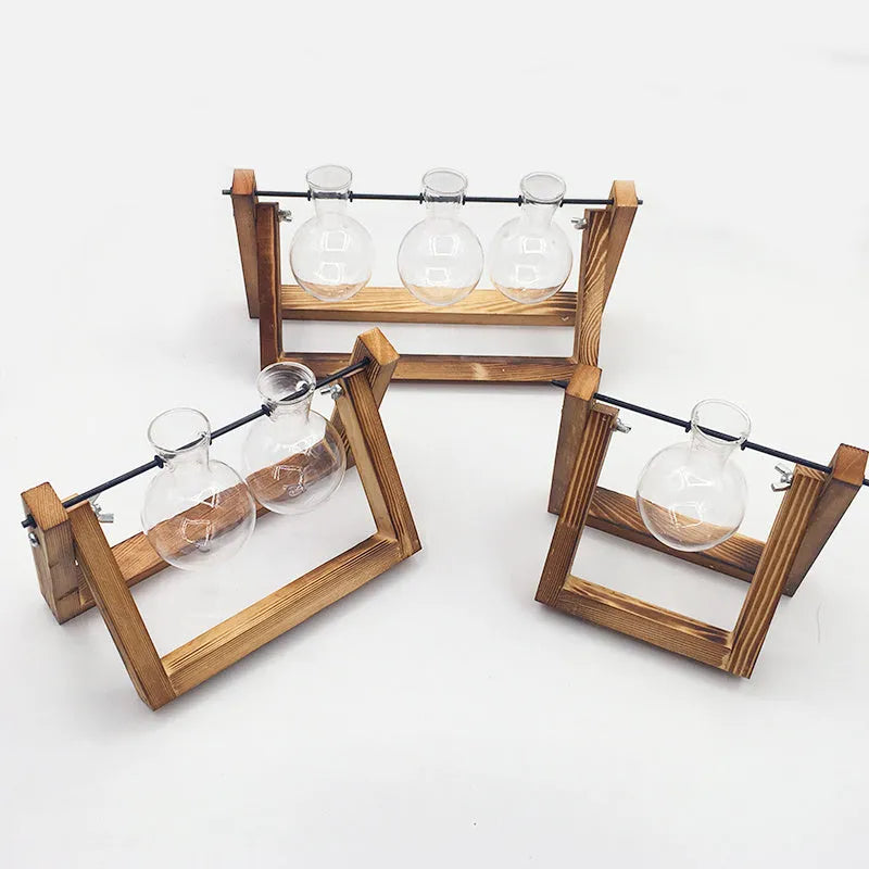 Wooden stand hydroponic plant container with geometric glass vases in pastoral style