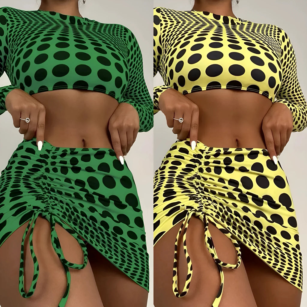 Green and yellow polka dot women's three-piece swimsuit set showing top, skirt, and bra.