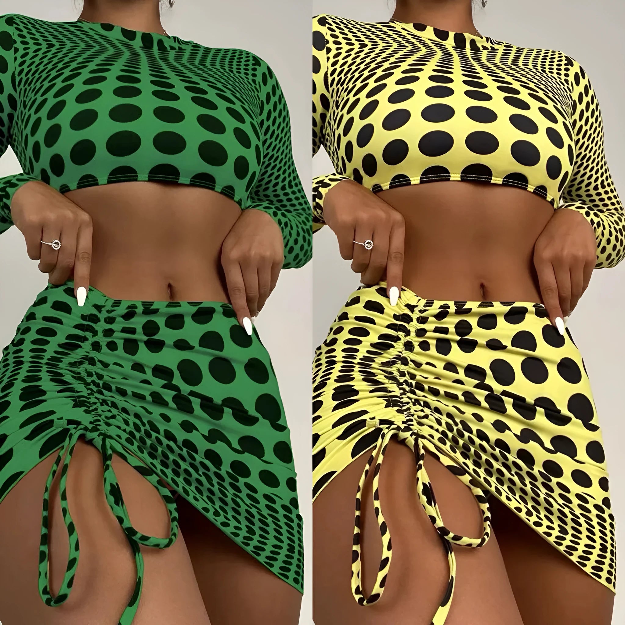 Green and yellow polka dot women's three-piece swimsuit set showing top, skirt, and bra.