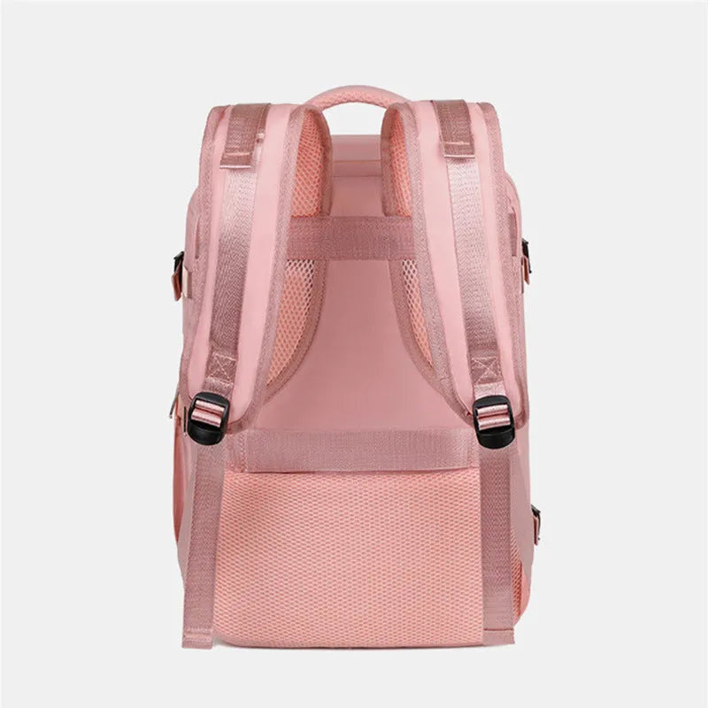 Large purple travel backpack with multiple compartments and an air pillow strap system.