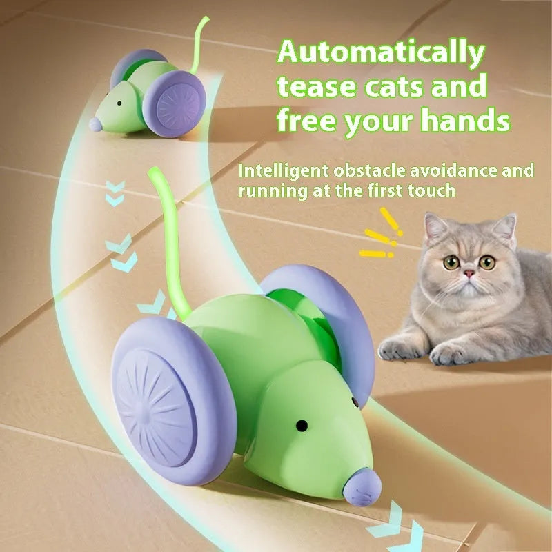 Interactive electric mouse cat toy in green or white with automatic movement and obstacle avoidance, made from ABS and TPU