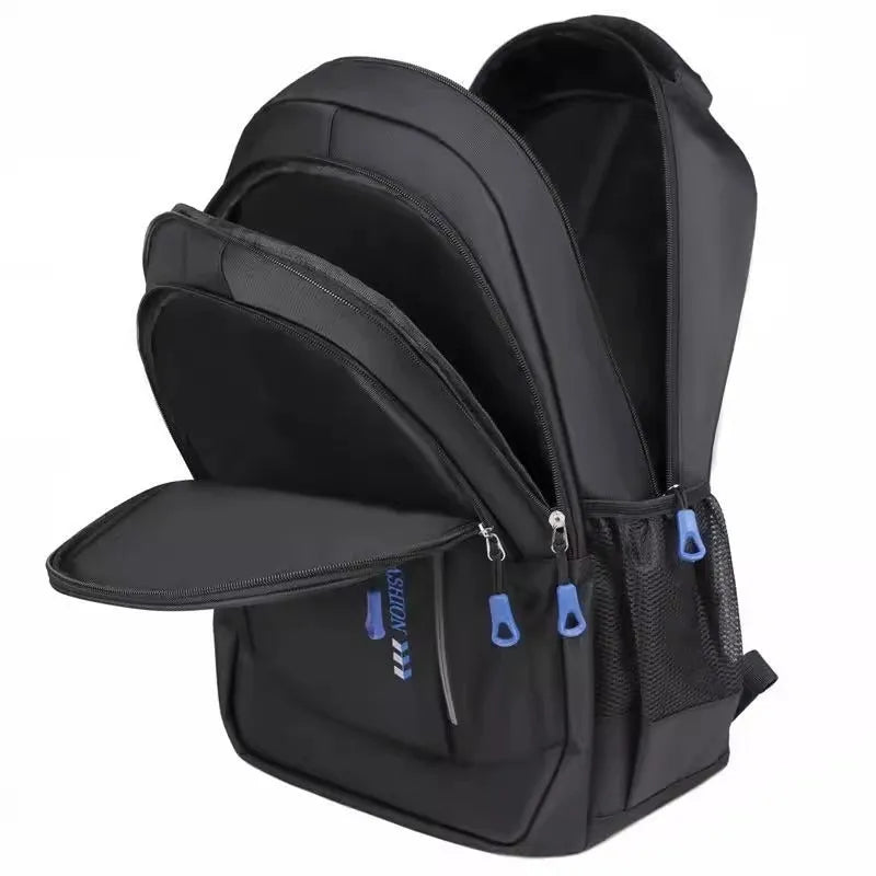 Commuter large capacity lightweight waterproof Oxford cloth backpack with air pillow belt in black