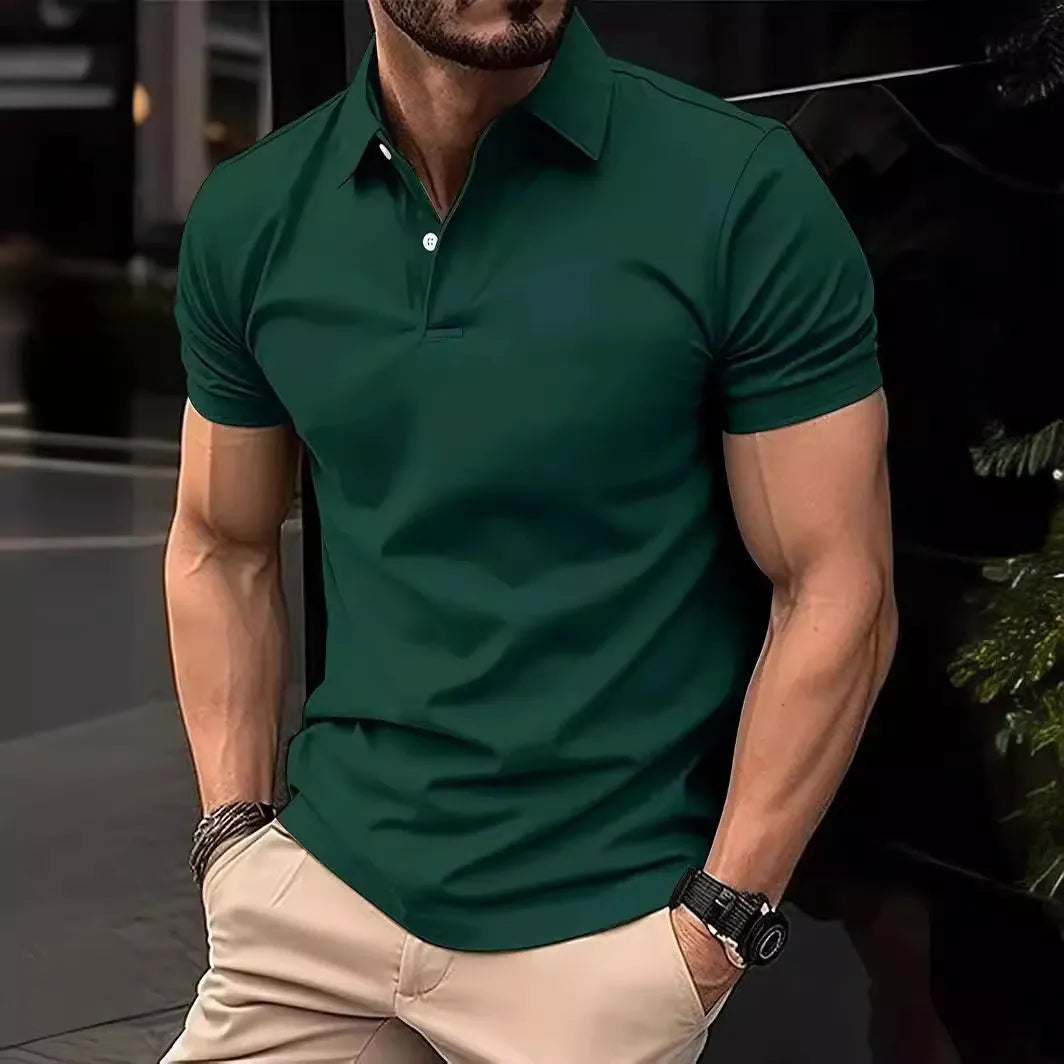Men's slim fit solid colour short sleeve button-up shirt on a hanger.