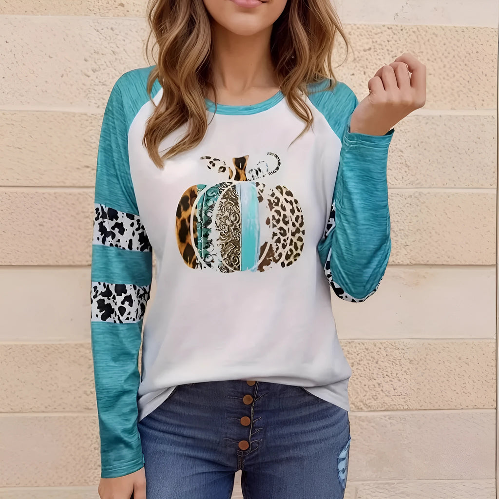 Sky blue long sleeve t-shirt with a detailed 3D digital print of a Halloween pumpkin.