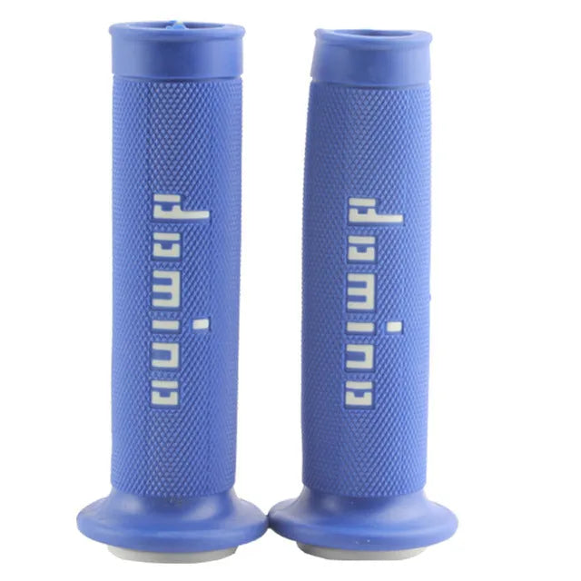 A pair of motorcycle handle gel grips in rubber, showing 22mm and 24mm size options and multiple colour choices.