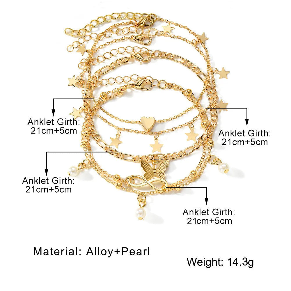 Butterfly pearl heart women's anklet set showing four layered alloy foot chains with butterfly and heart charms