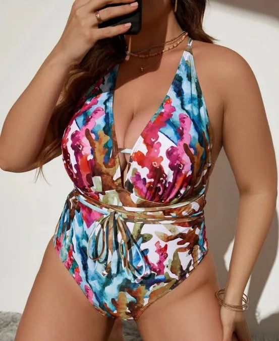 Purple halter neck swimsuit with matching bikini briefs for adult females