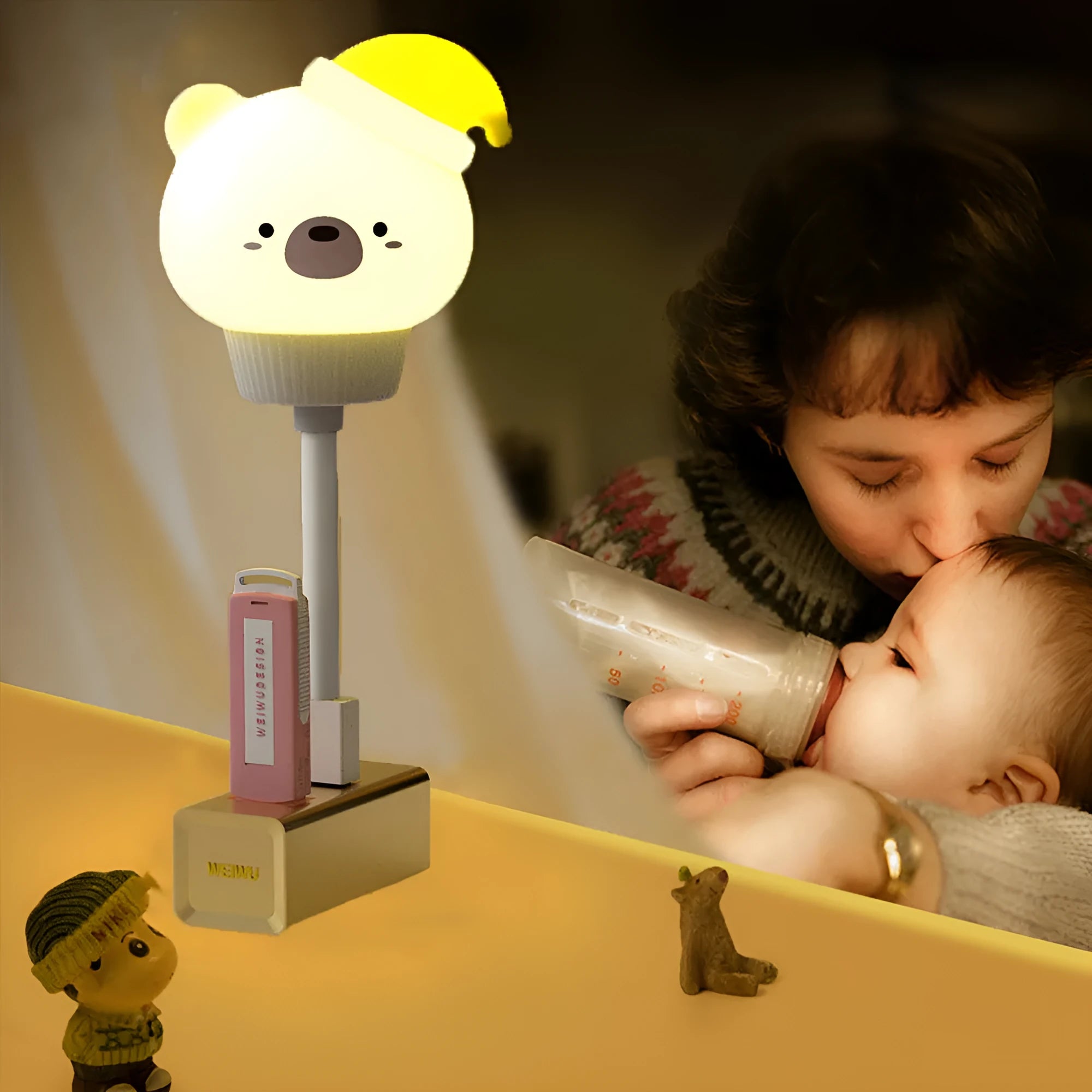 Cute cartoon animal USB night light in bear shape with remote control on a bedside table.