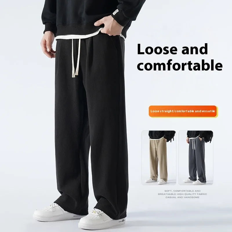 Men's double-sided polar fleece winter trousers with wool lining in loose fit Korean style