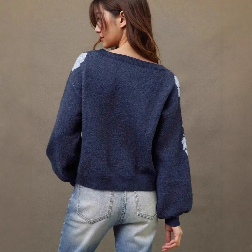 Women's sapphire blue off-neck pullover sweater with woven floral jacquard pattern