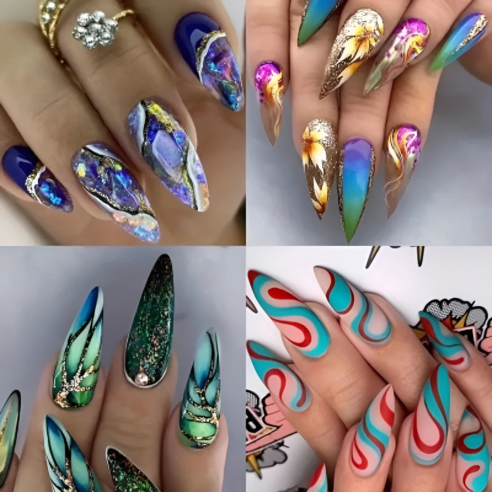 Colourful lines almond-shaped nail stickers in European Square style with four colour options