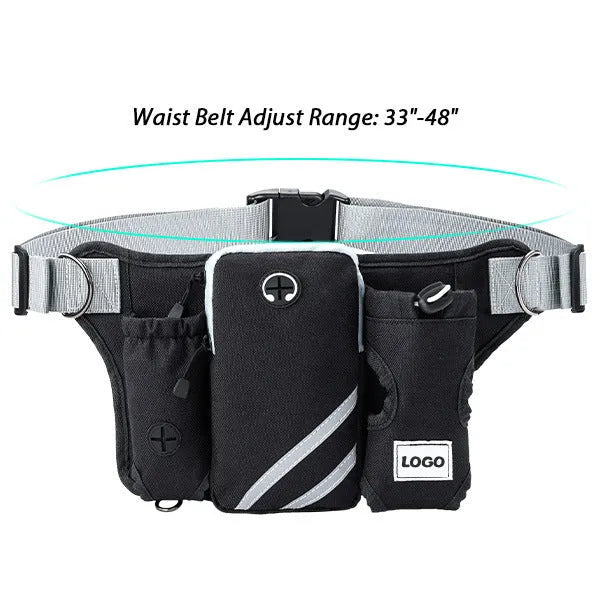 Black outdoor pet training waist bag with integrated dog leash and neck components for walking and training