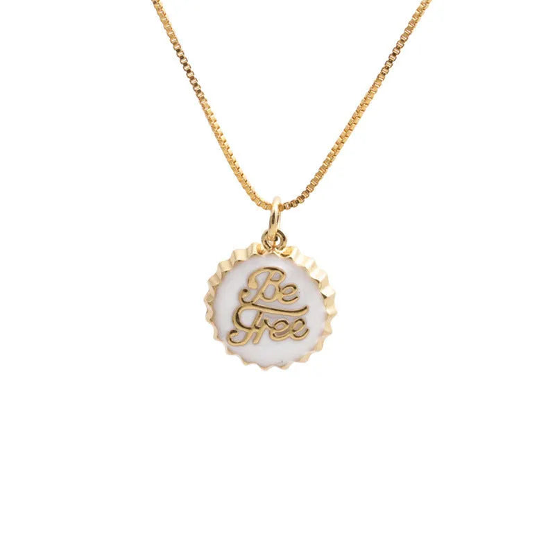 Copper bottle cap pendant necklace with 18K gold electroplating on a 40 cm box chain.